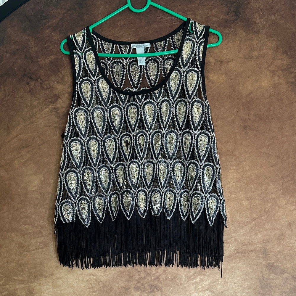 Charlotte Russe Black and Gold Sequin Teardrop Tank Top